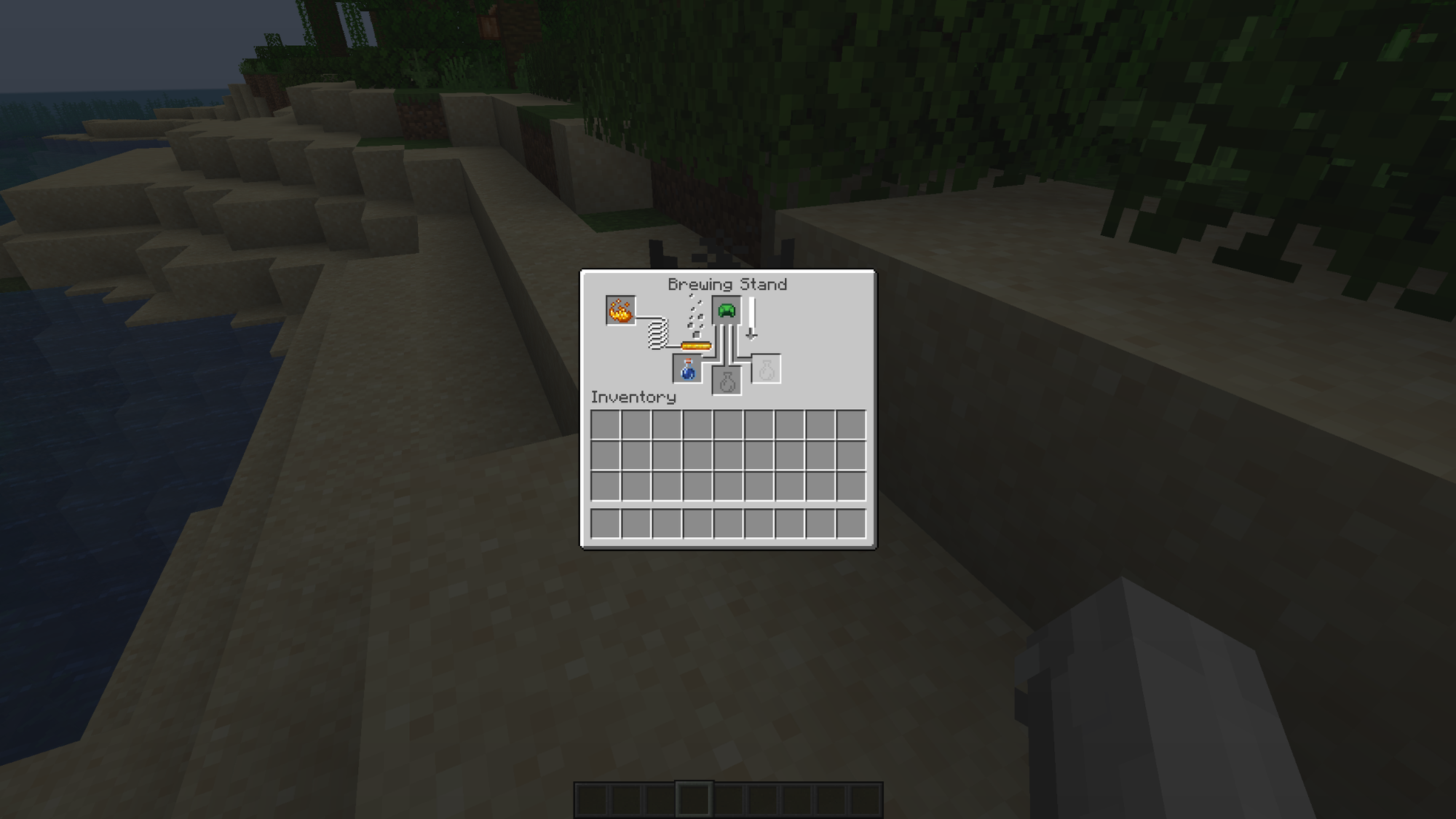 Minecraft brewing stand using a Turtle Shell to brew a Potion of the Turtle Master.