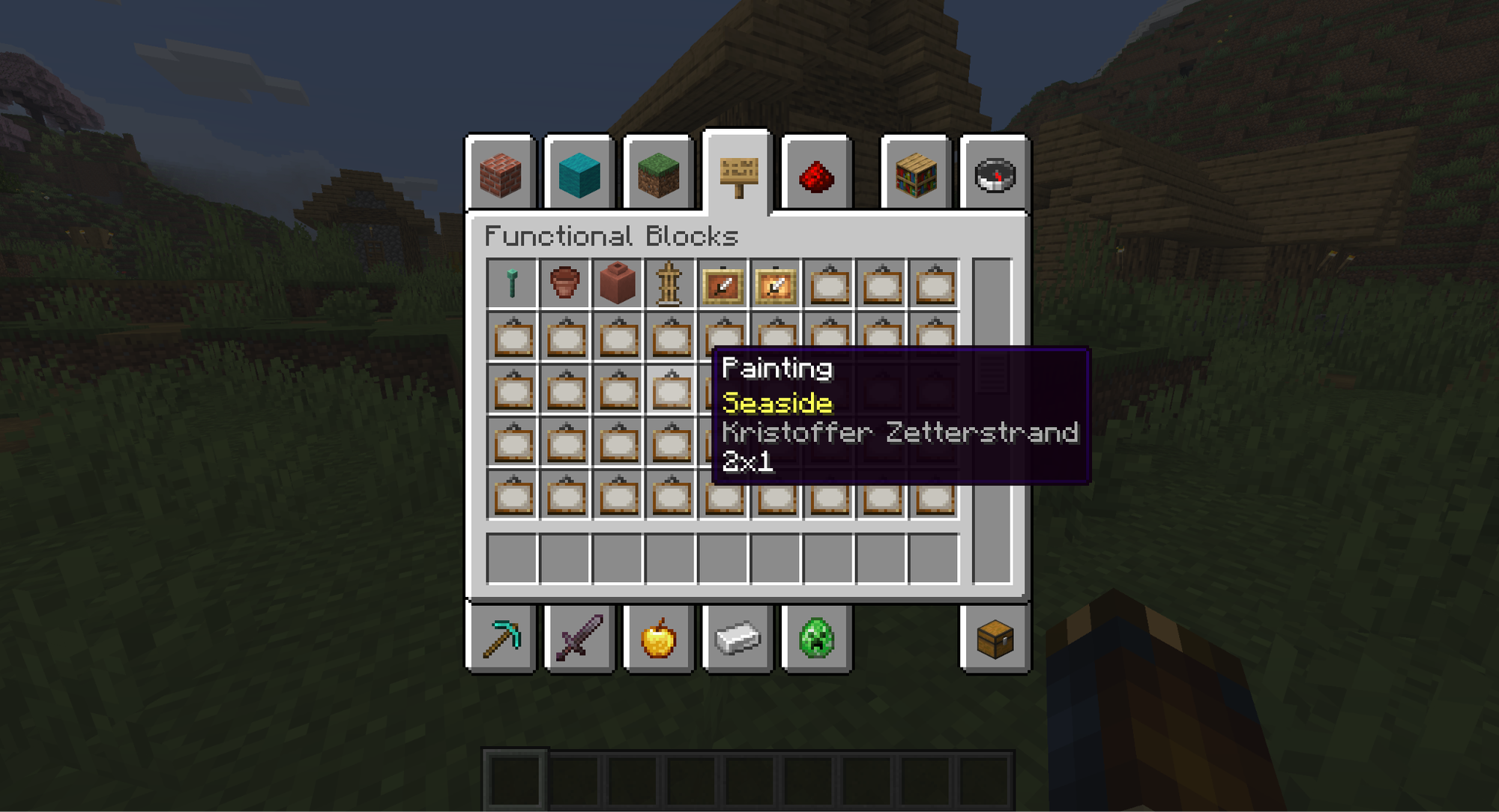 A Minecraft screenshot of the creative mode item menu, showing all of the painting options.