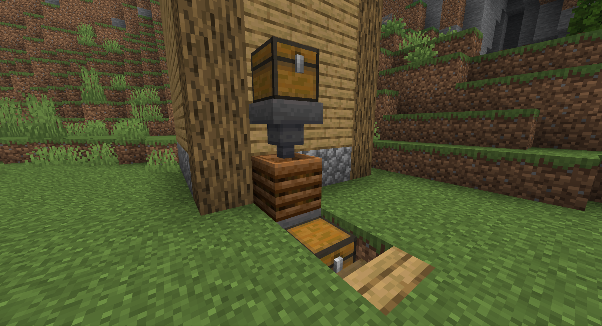A Minecraft screenshot of an automated composter build, using hoppers.