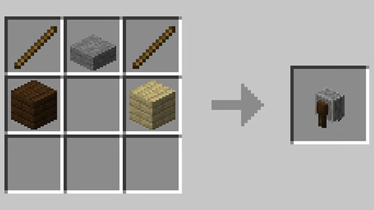 Minecraft crafting recipe for a grindstone using two sticks, one stone slab, and two wooden planks.