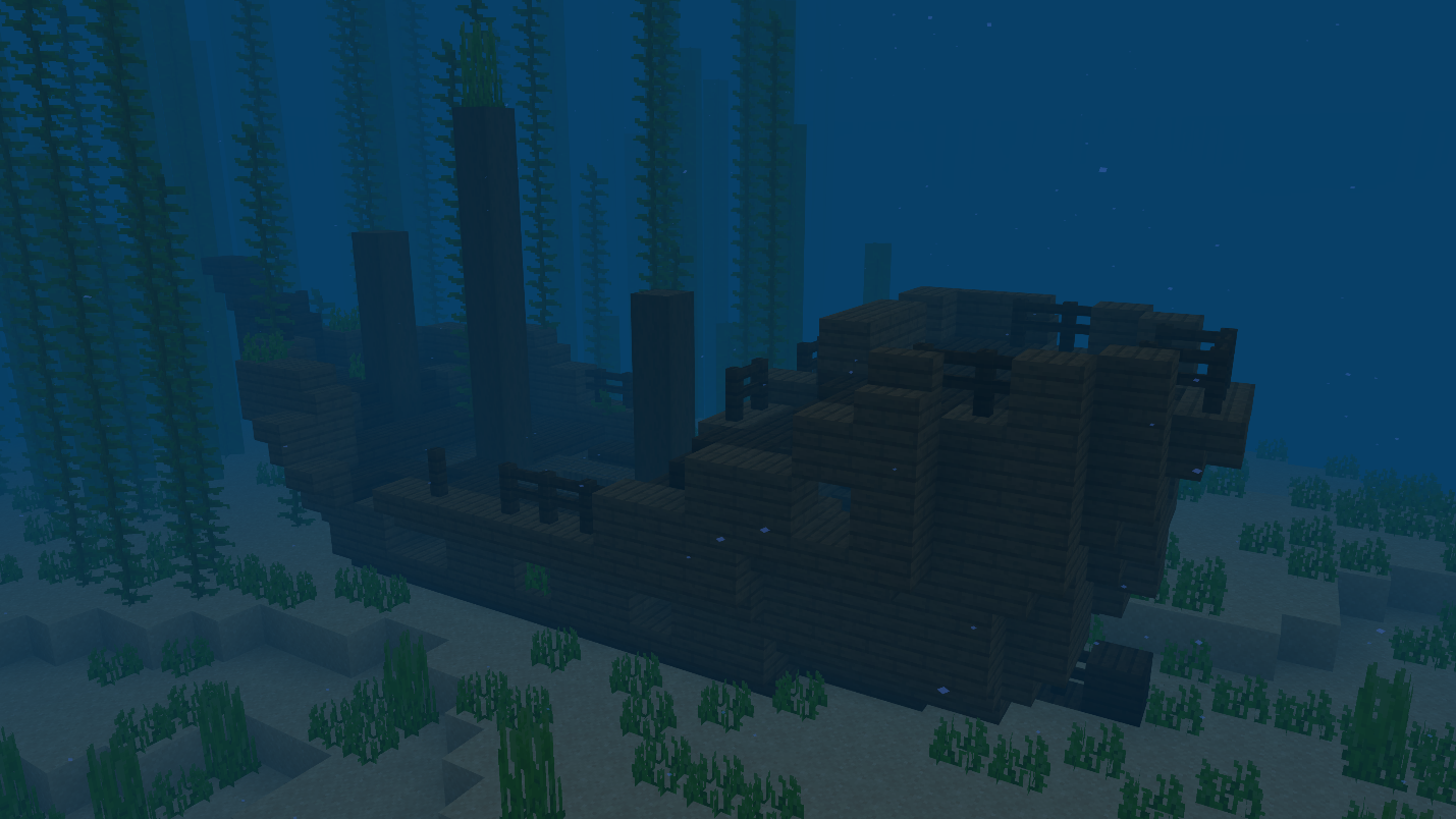 Minecraft shipwreck resting on the ocean floor near kelp.
