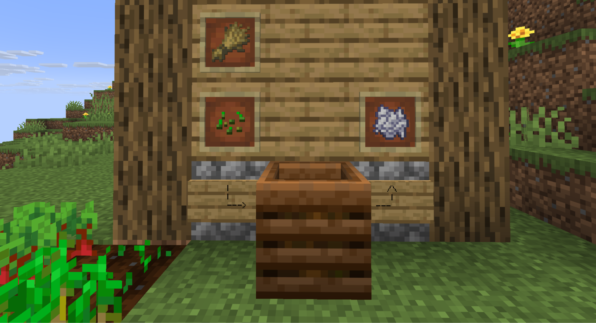 A Minecraft screenshot of a composter, with item frames showing the process.