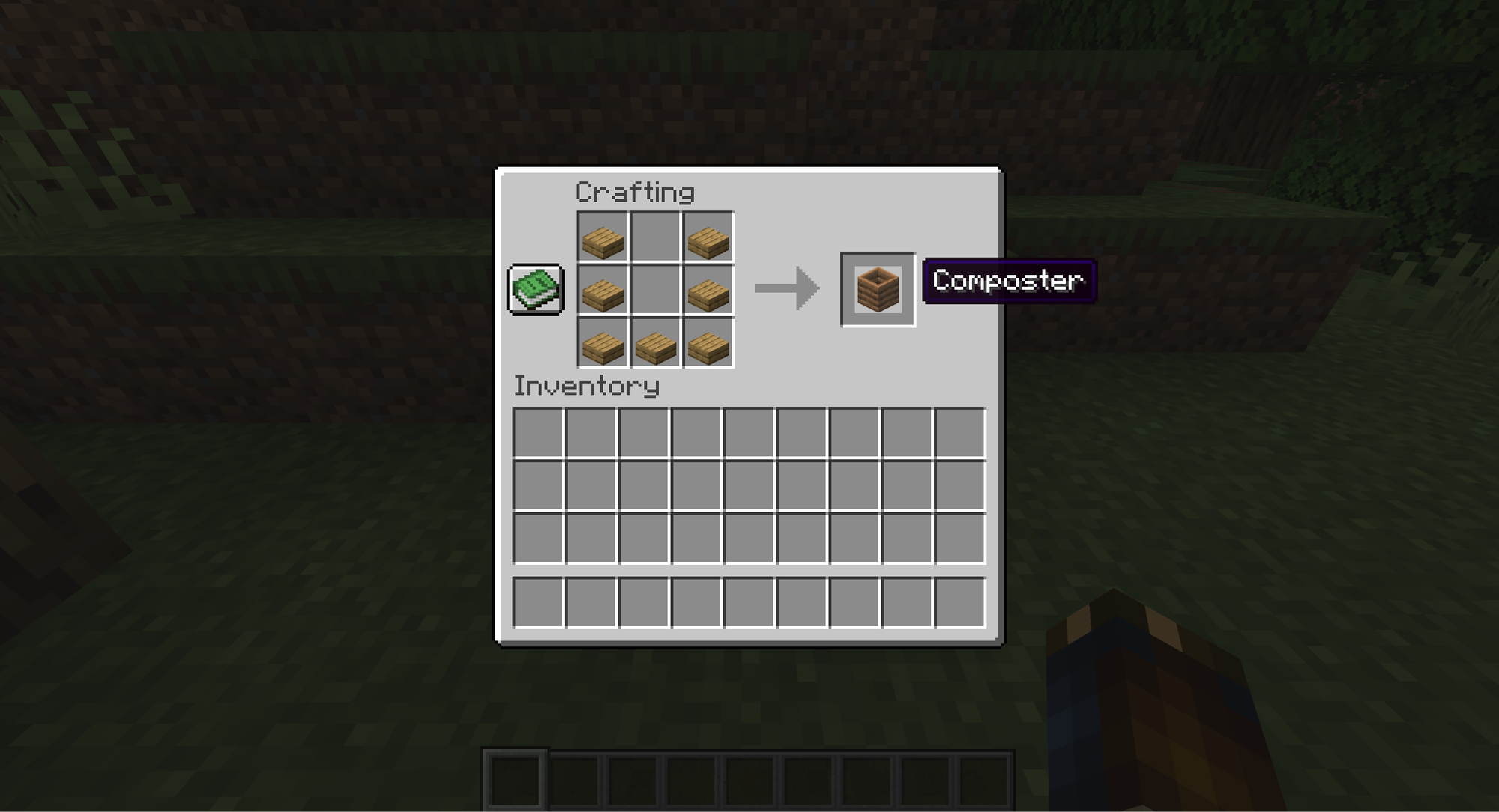 A Minecraft screenshot of a crafting table with the composter recipe.