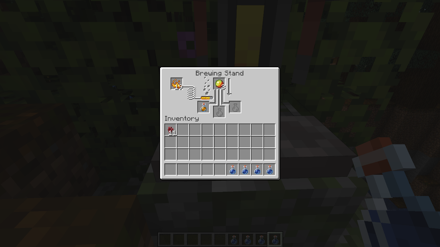 Minecraft brewing stand showing Magma Cream being brewed into Awkward Potions to make Potions of Fire Resistance.