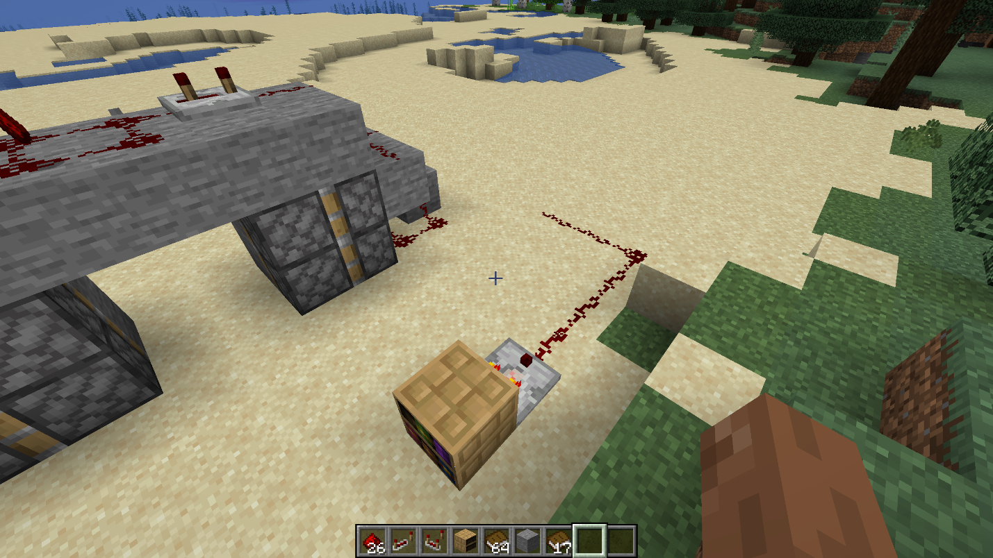 Chiseled bookshelf with a comparator and redstone dust forming a slot-6 filter for a hidden piston door in Minecraft.