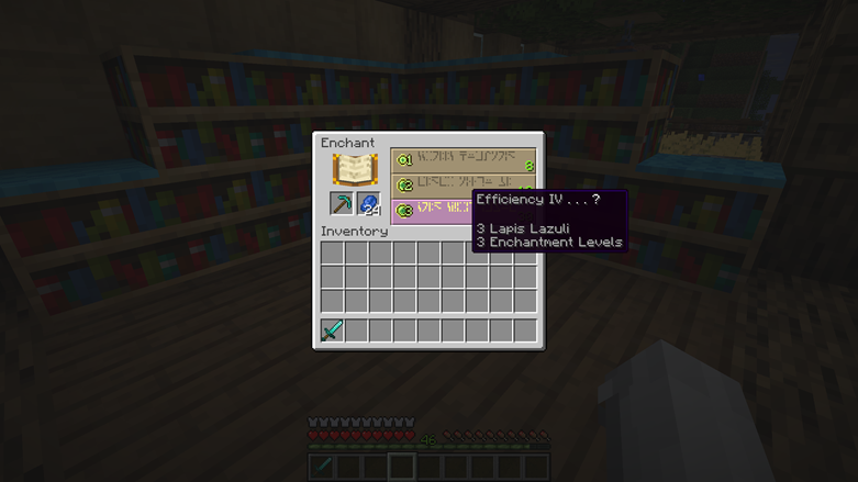 Minecraft enchanting table tooltip showing a level 30 option with 3 lapis lazuli and 3 enchantment levels.