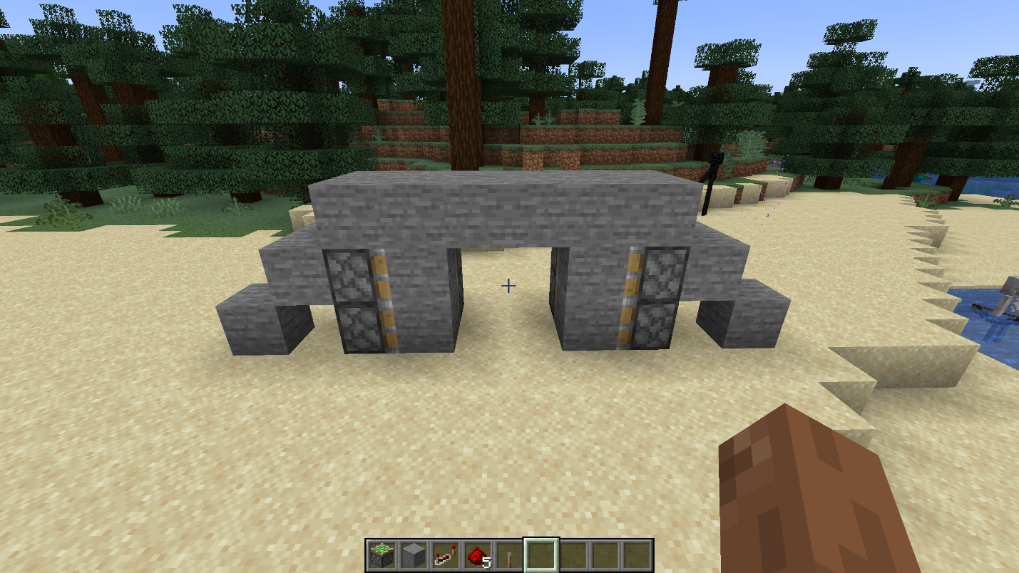 Extra support block placed near the entrance side of a compact hidden piston door for redstone wiring.