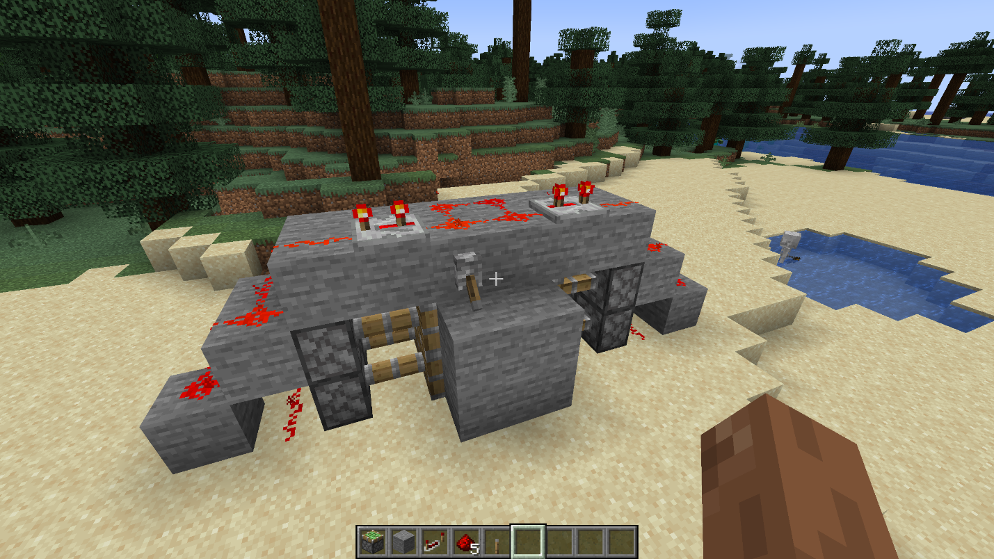 Lever connected to the main redstone line of a compact 2x2 hidden piston door in Minecraft.