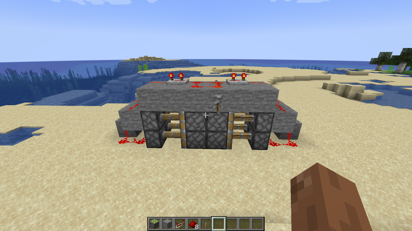 Second lever added on the opposite side of a compact 2x2 hidden piston door in Minecraft.