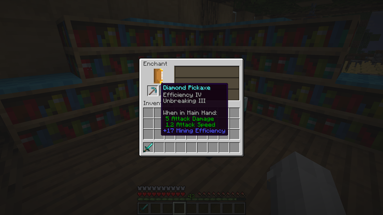 Minecraft enchanting table showing a diamond pickaxe with Efficiency IV and Unbreaking III applied.