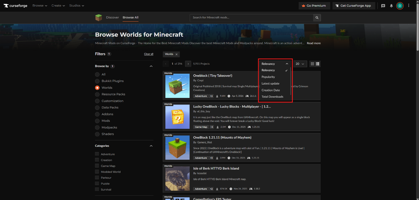 CurseForge Minecraft Worlds browse page showing category filters and sorting options.