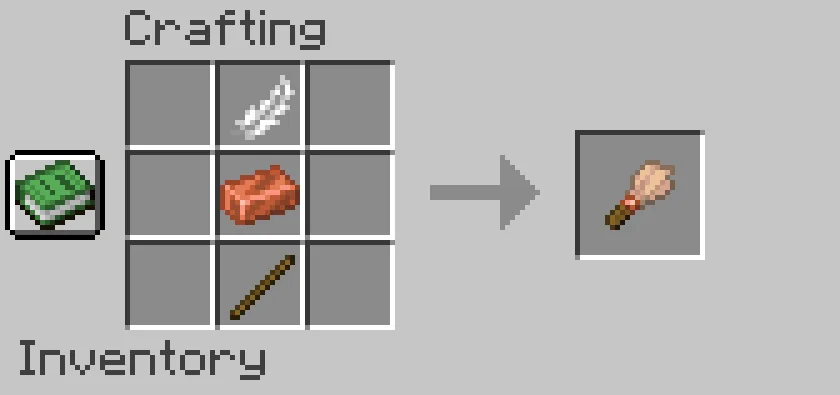Minecraft crafting recipe showing a feather, copper ingot, and stick creating a brush.