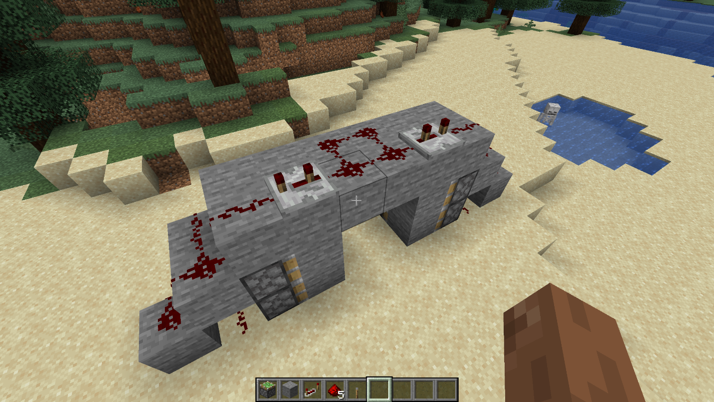 Redstone dust connected to two repeaters across the top of a compact 2x2 piston door in Minecraft.