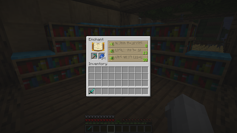 Minecraft enchanting table GUI showing three enchantment options with level requirements.