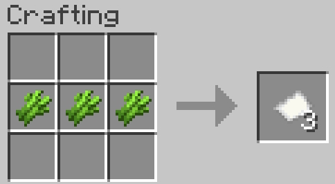 Minecraft crafting recipe showing three sugar cane turning into three paper.