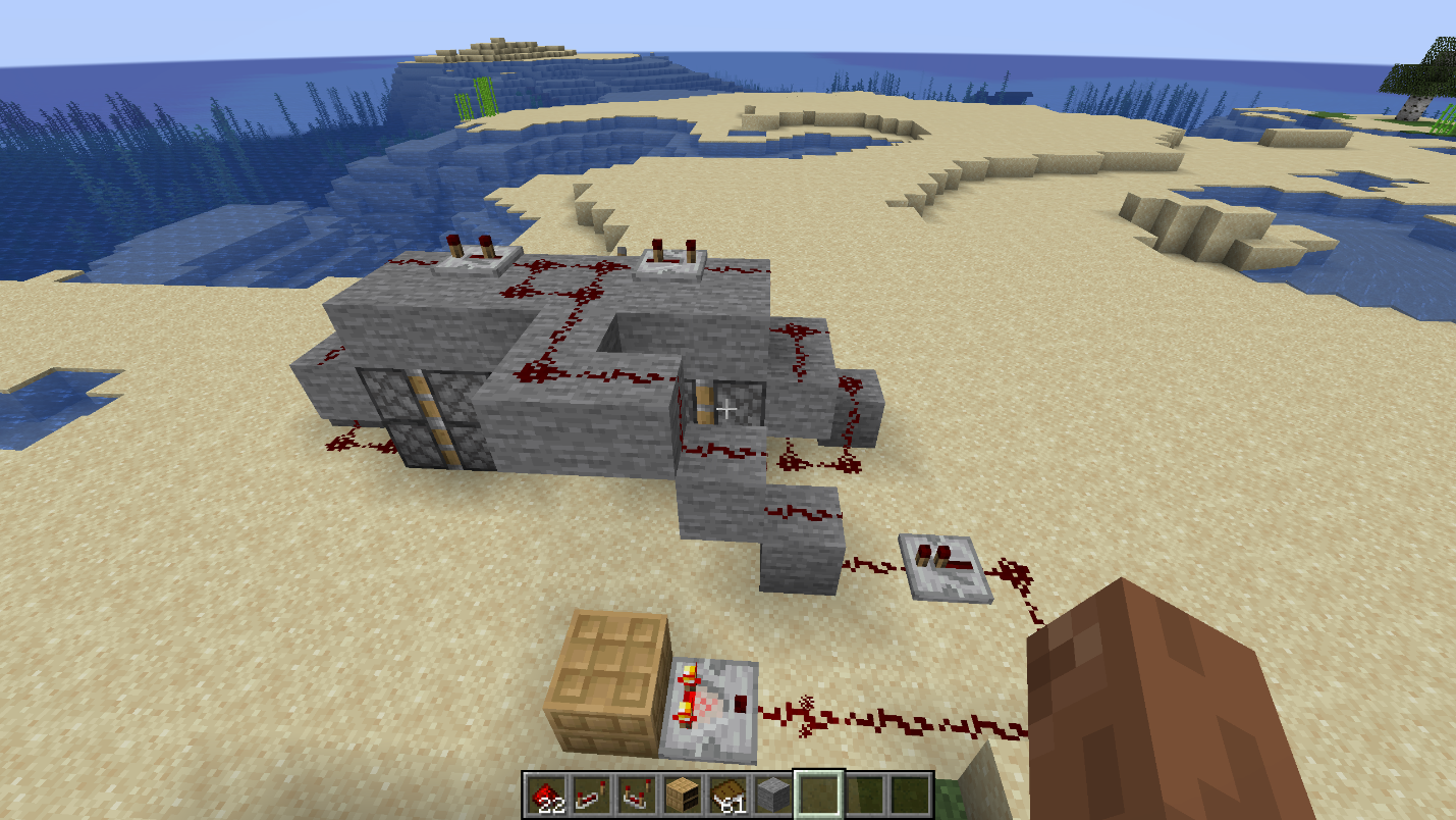 Redstone wiring from a chiseled bookshelf trigger connected to the main line of a hidden piston door in Minecraft.