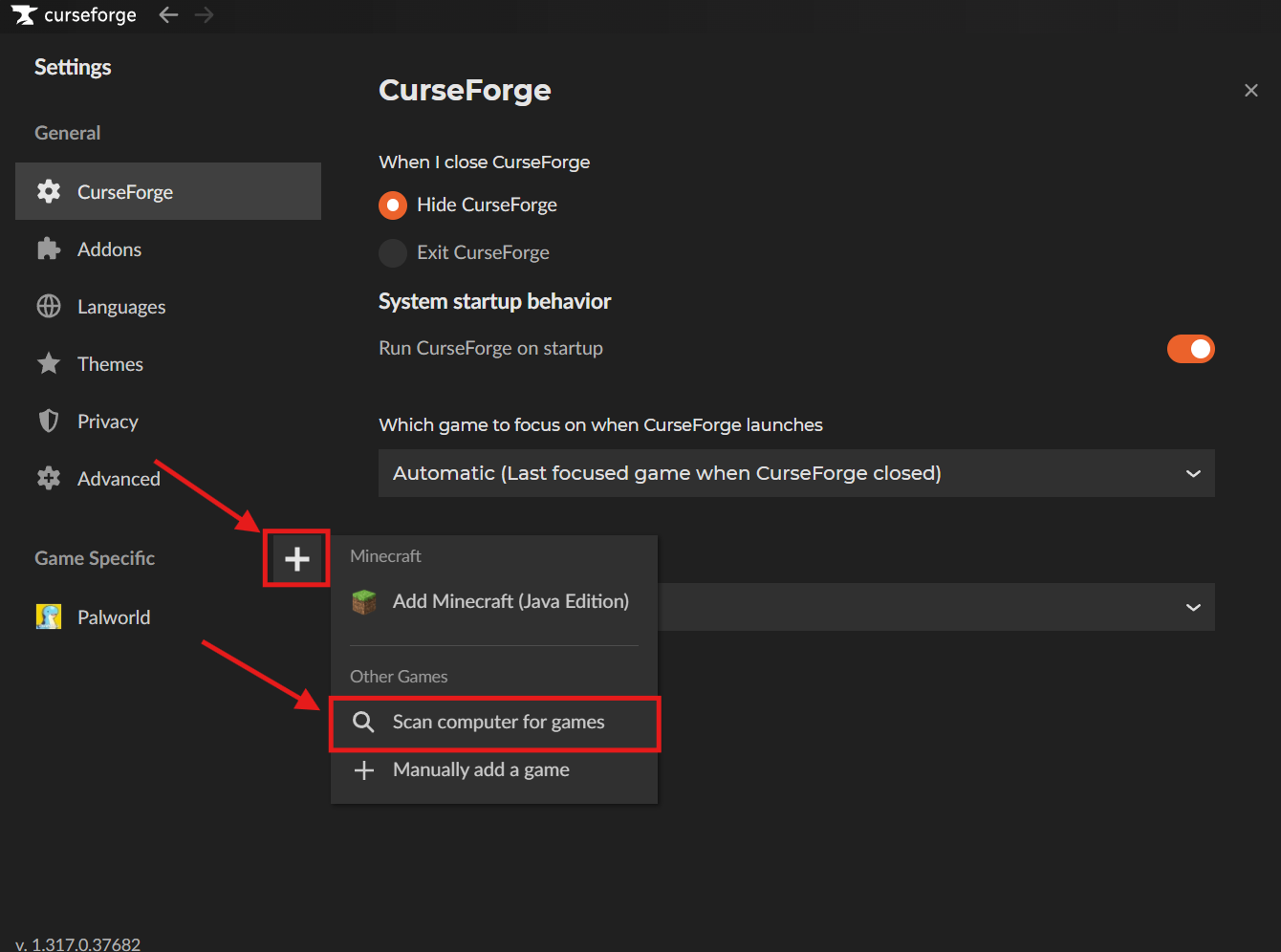 CurseForge Settings menu with the + ican and Scan computer for games highlighted.