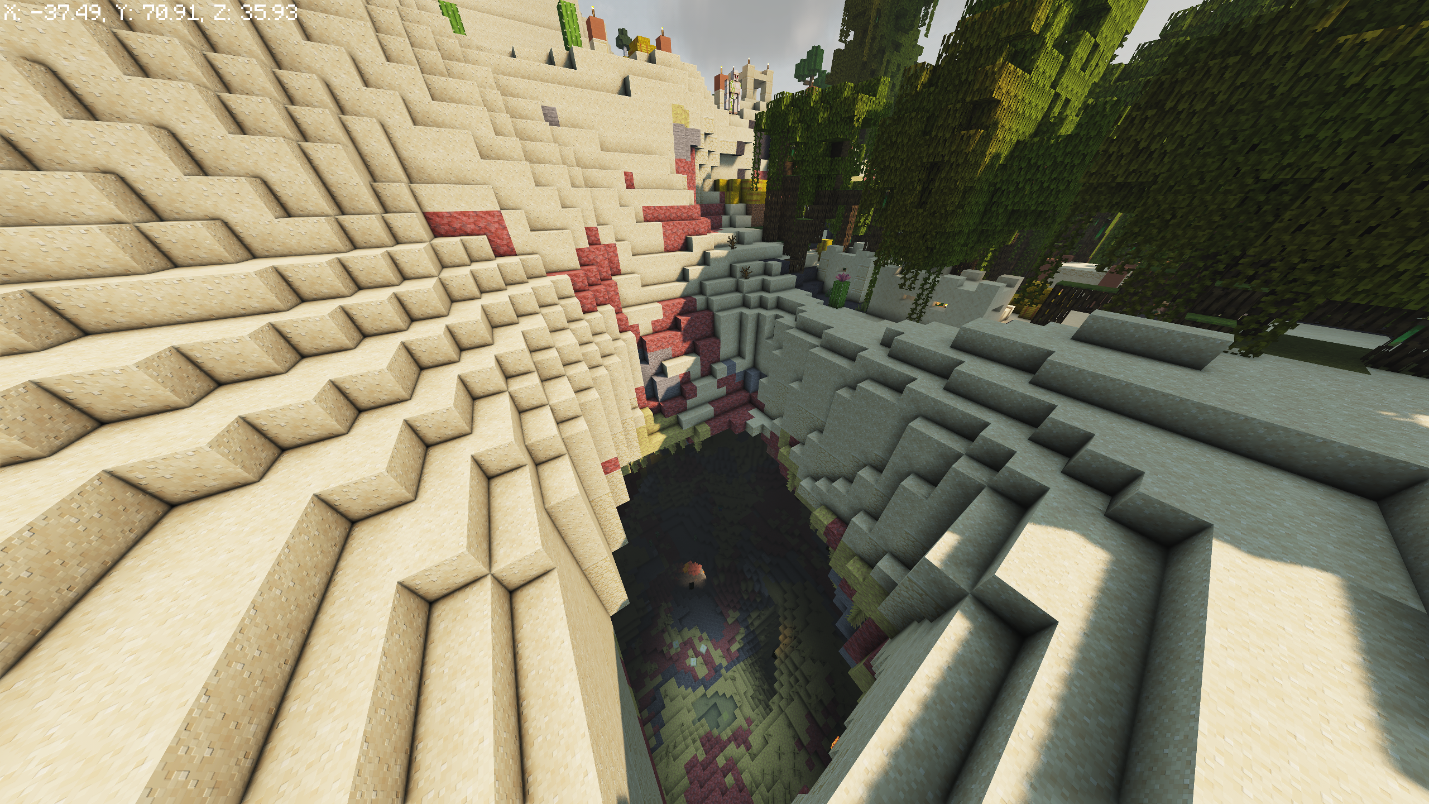 Desert ravine bordering a Swamp biome, with a village visible at the top.