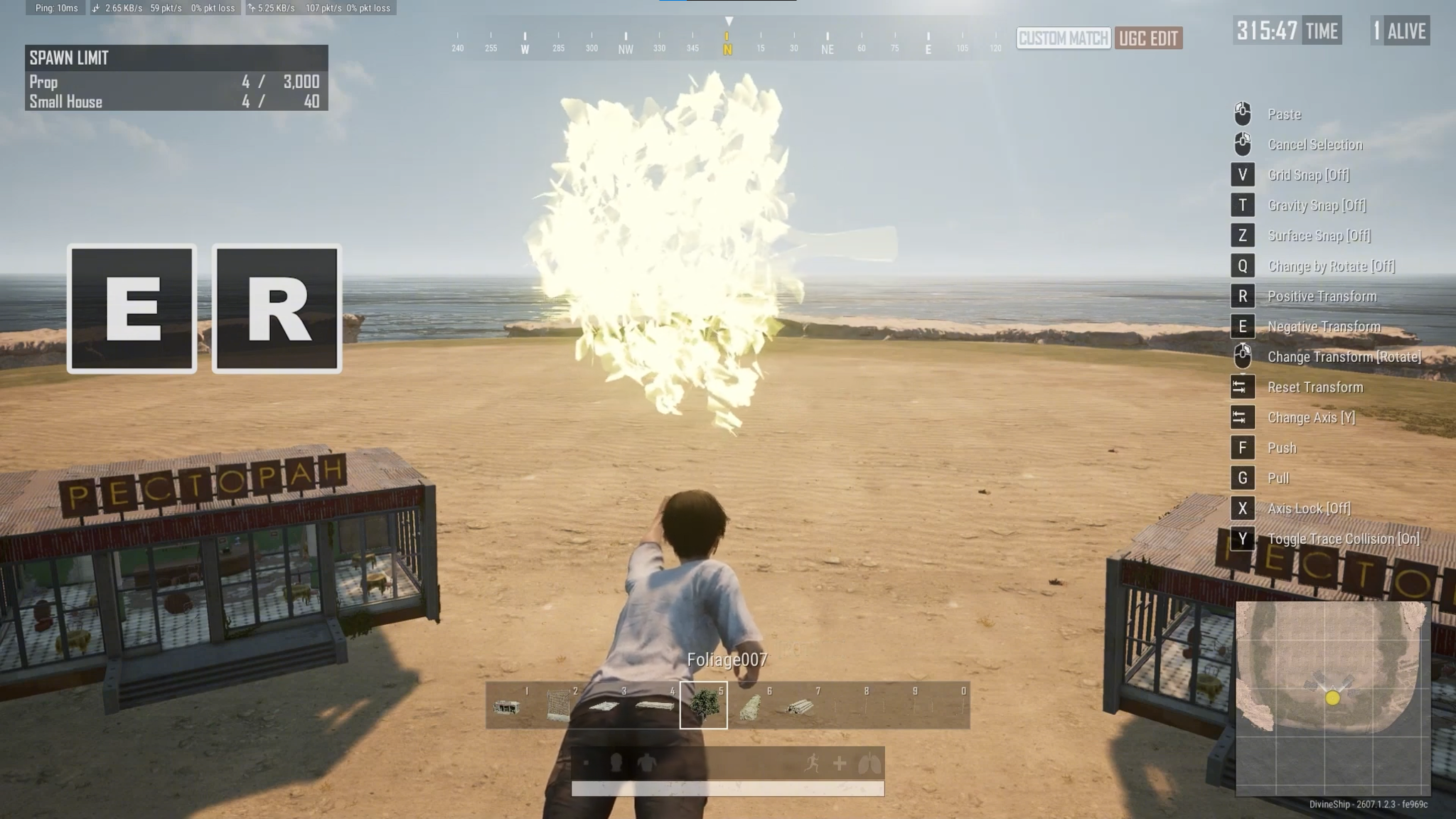 Rotating foliage prop in PUBG map editor using E and R keyboard shortcut icons.