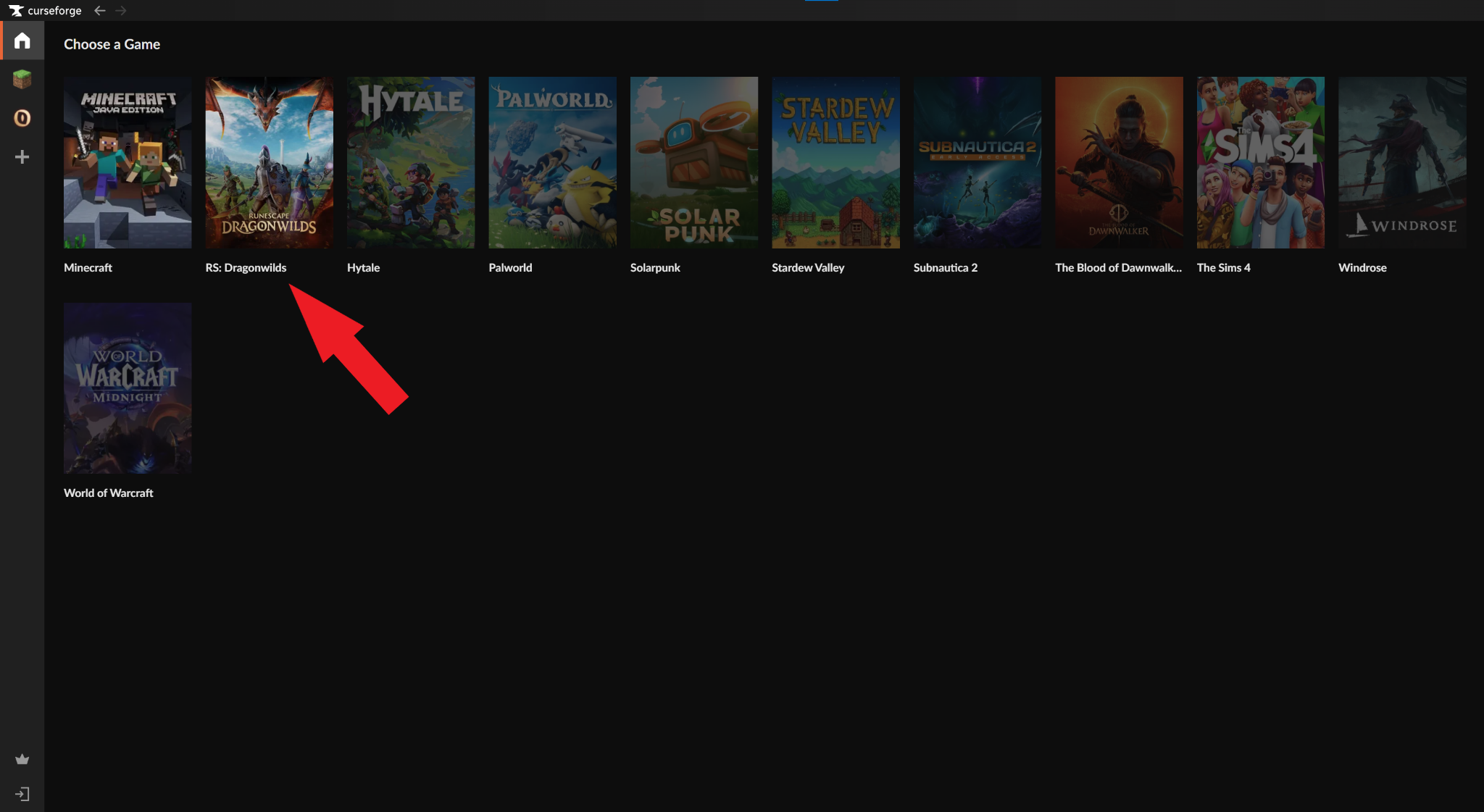 The CurseForge "Choose a Game" screen with the Runescape Dragonwilds game tile highlighted by a red arrow.