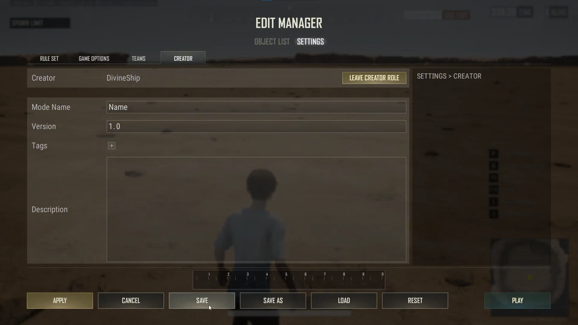 PUBG Edit Manager Creator tab menu showing mode details and save options.