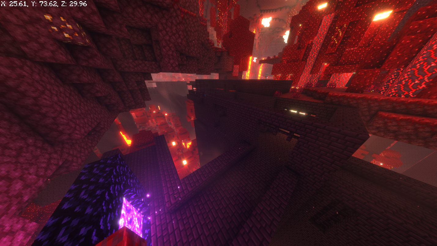 Nether Fortress view in the Nether dimension, with red nether brick walls lit by embedded fire, lava nearby, and obsidian portal in the corner.