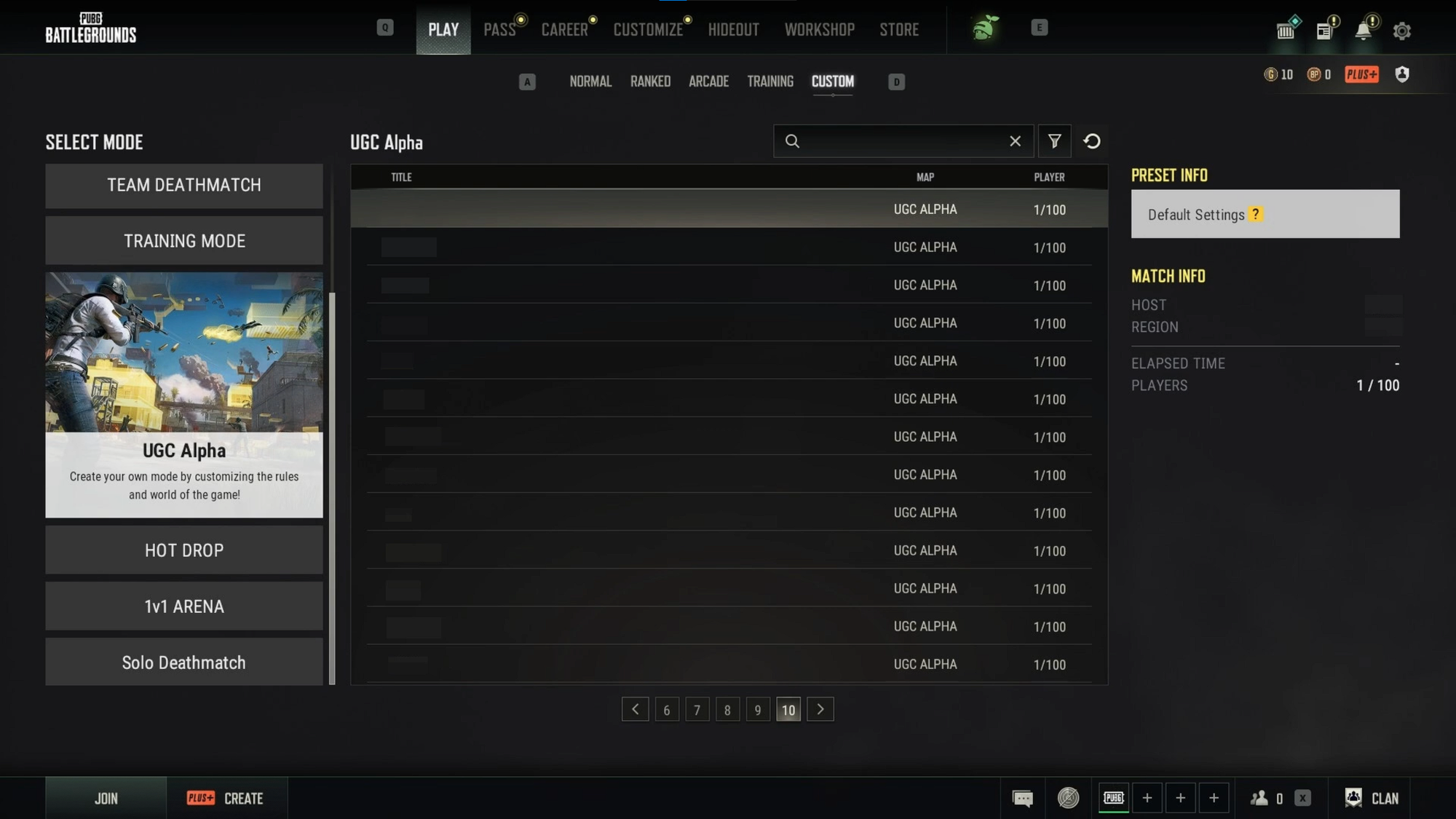 PUBG Custom Match lobby menu displaying UGC Alpha mode selection.