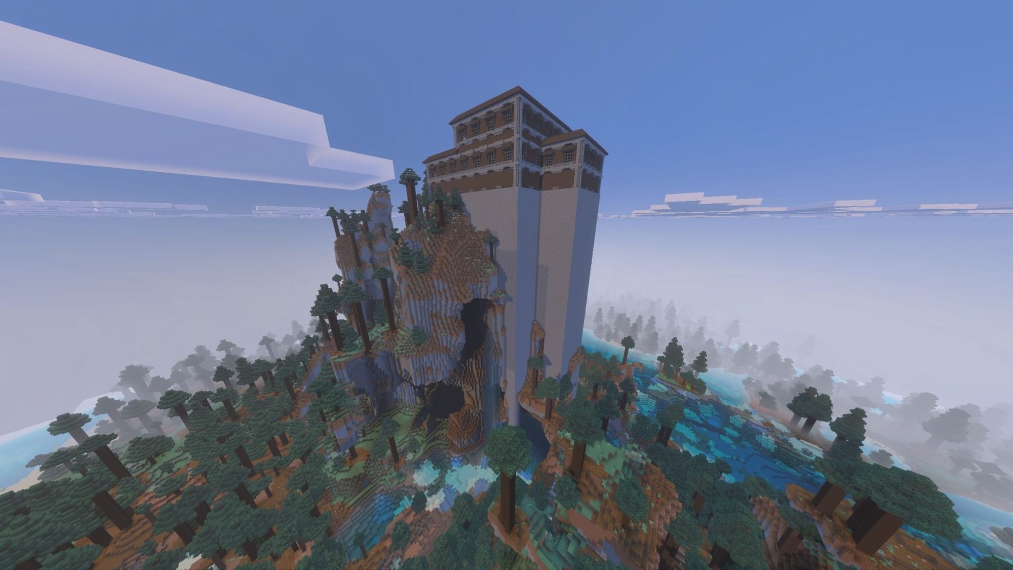 A Minecraft screenshot of a woodland mansion standing taller than the mountain its next to.