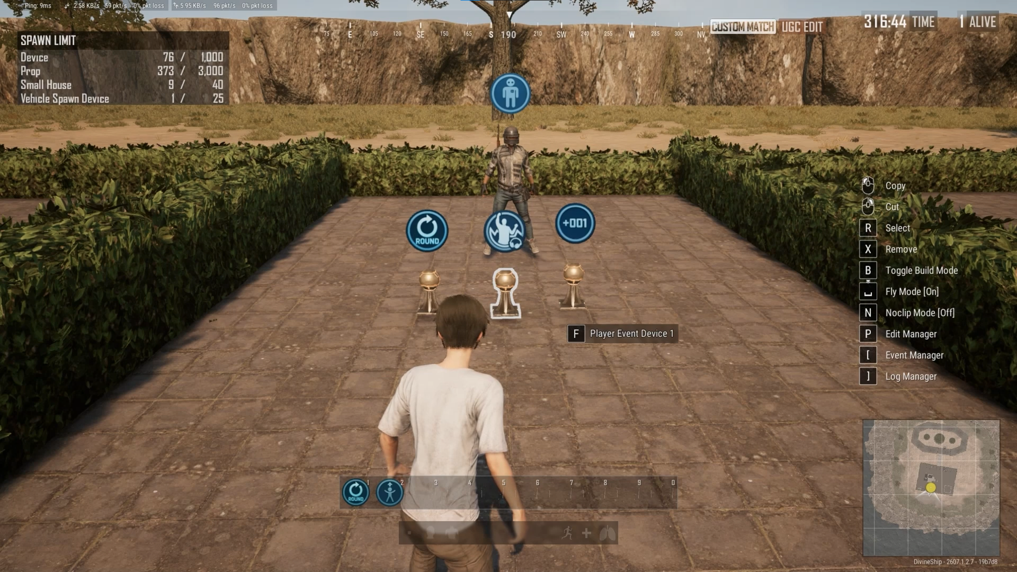 Lineup of logic pedestals including Round Event Player Event and Score Manager devices in PUBG UGC.