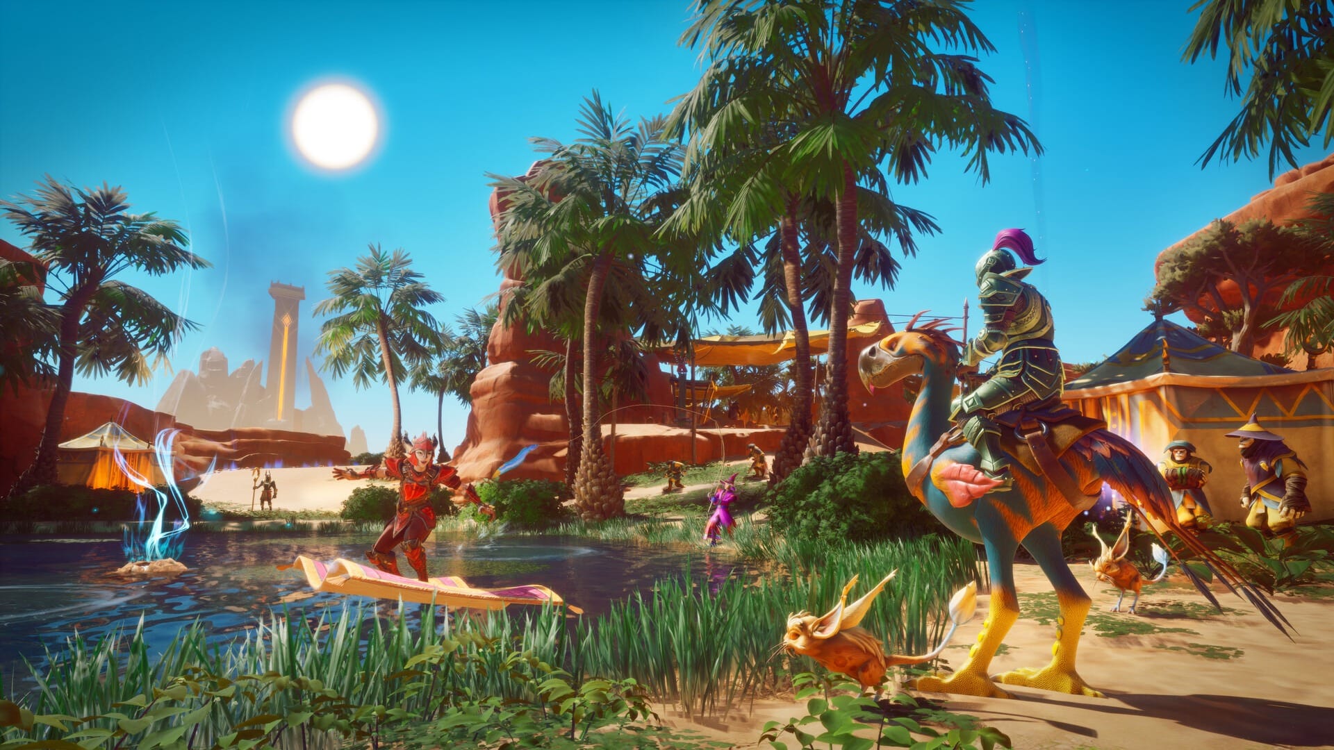 Knight riding a giant bird mount near a desert oasis in RuneScape Dragonwilds.