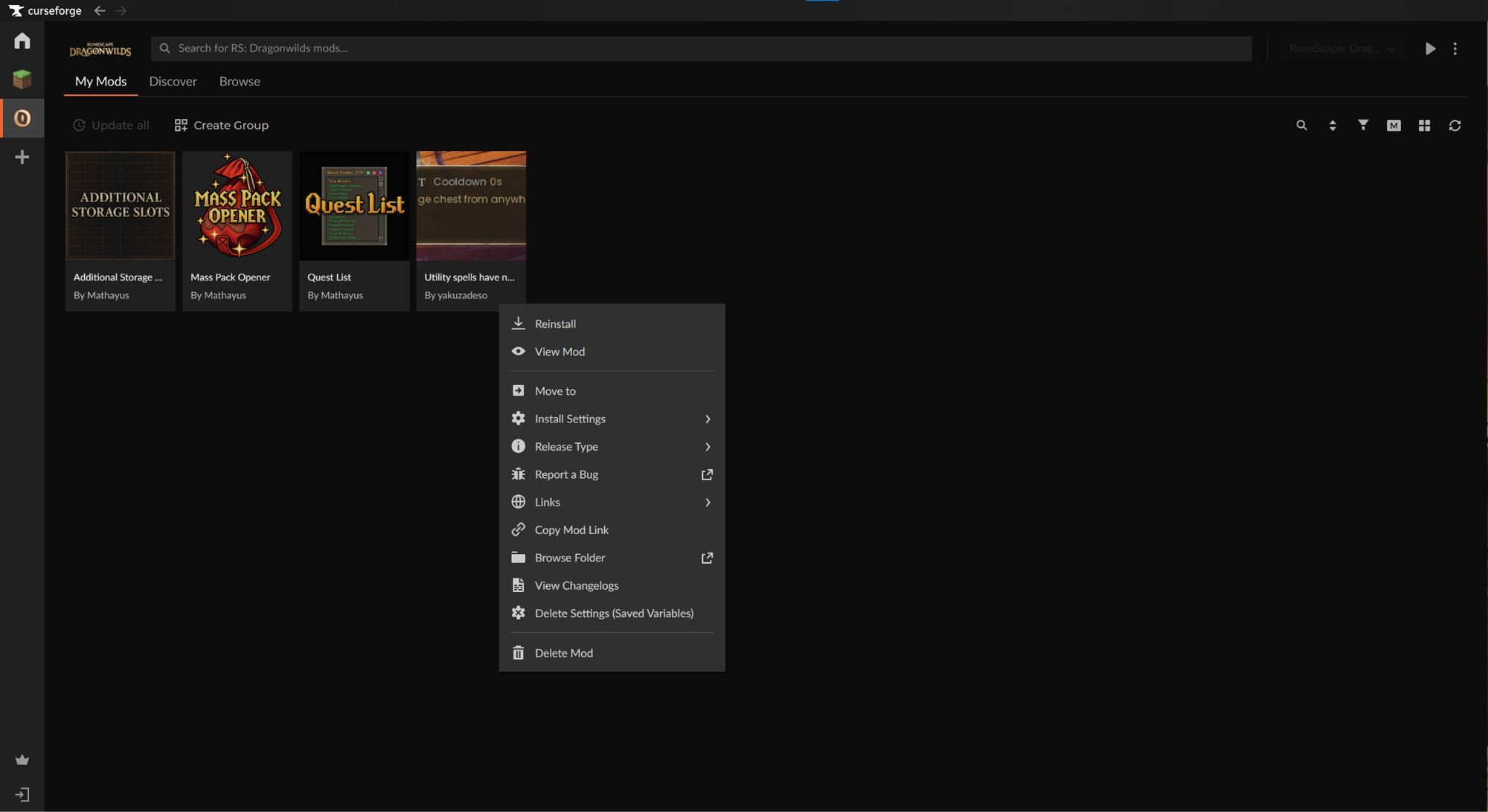 The "My Mods" tab in CurseForge showing a list of installed Runescape Dragonwilds mods and an open right-click settings menu.