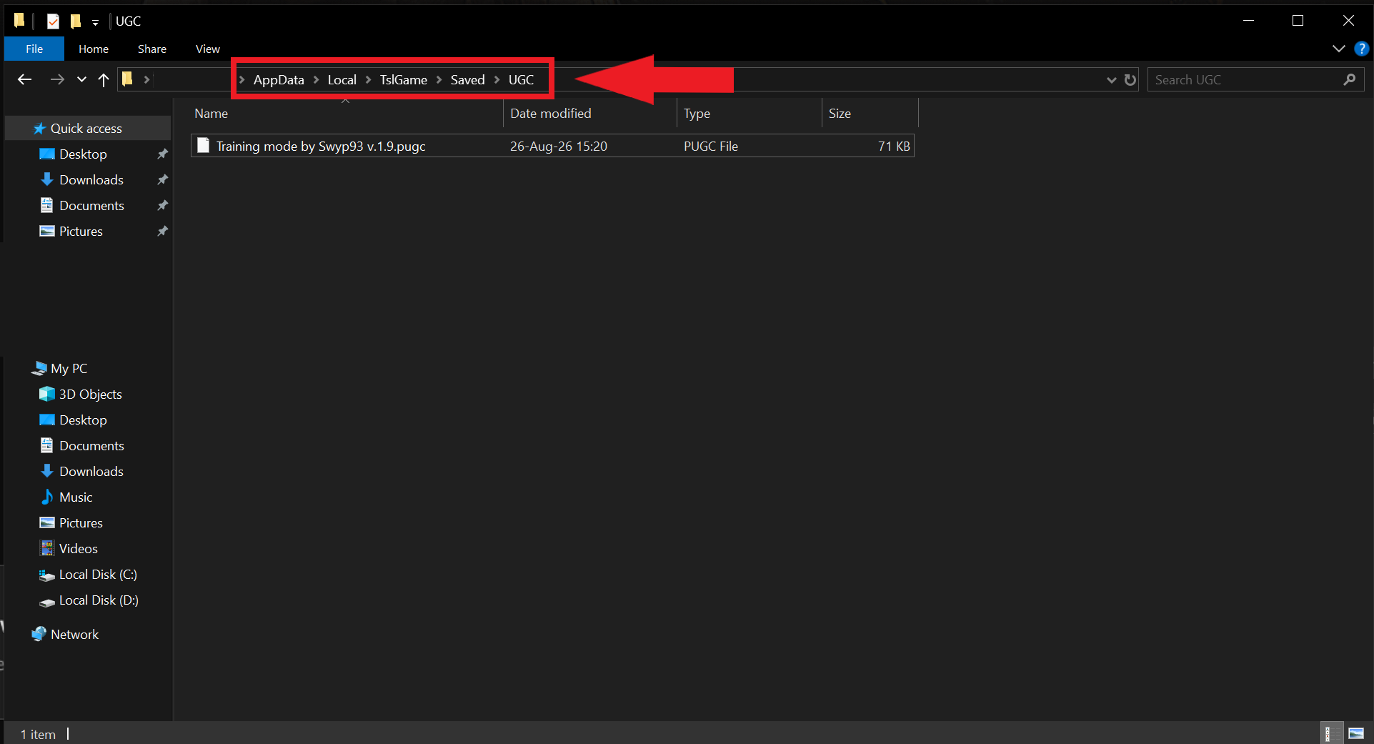 Windows File Explorer showing PUBG UGC mod file path "AppData/Local/TslGame/Saved /UGC".