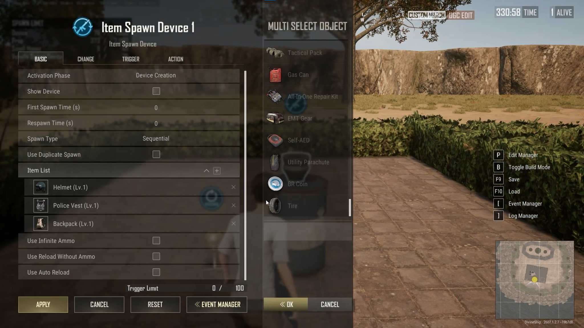 Configuring Item Spawn Device 1 settings and multi-select object list in PUBG editor.