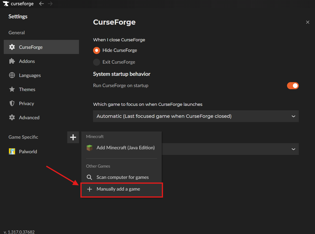 CurseForge Settings menu with Manually add a game highlighted.