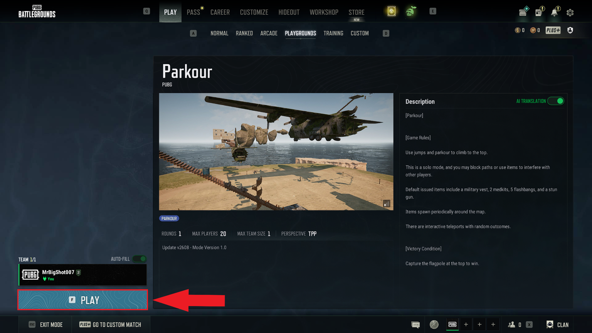 PUBG Parkour game mode details screen with red arrow pointing to "Play" button.