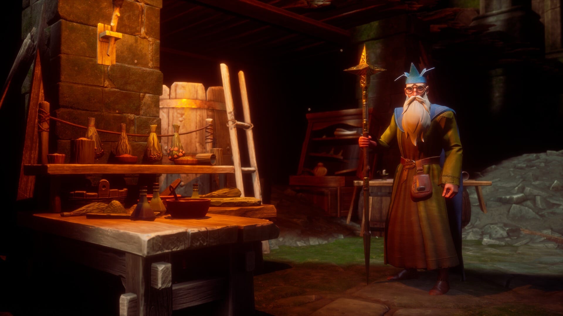Wise wizard holding a golden staff inside a dimly lit crafting workshop in RuneScape Dragonwilds.