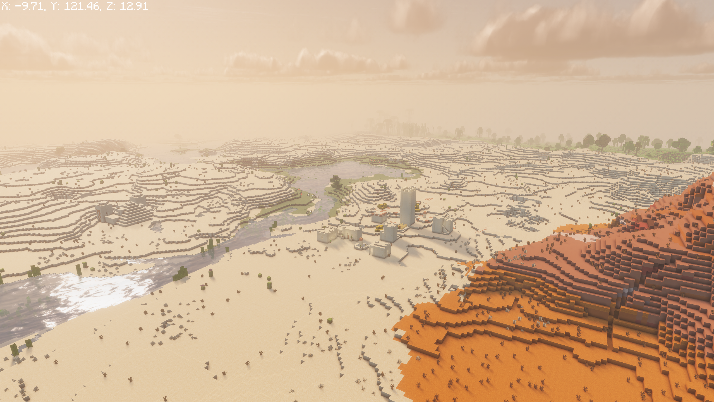 Desert Temple in an aerial desert view, Badlands cliffs to the right, and a desert village near the river.