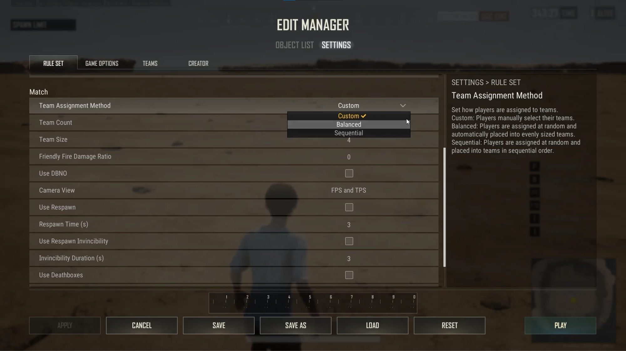 Selecting Team Assignment Method options in PUBG UGC Rule Set menu.
