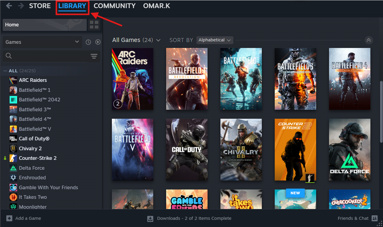 Steam client with the Library tab highlighted.