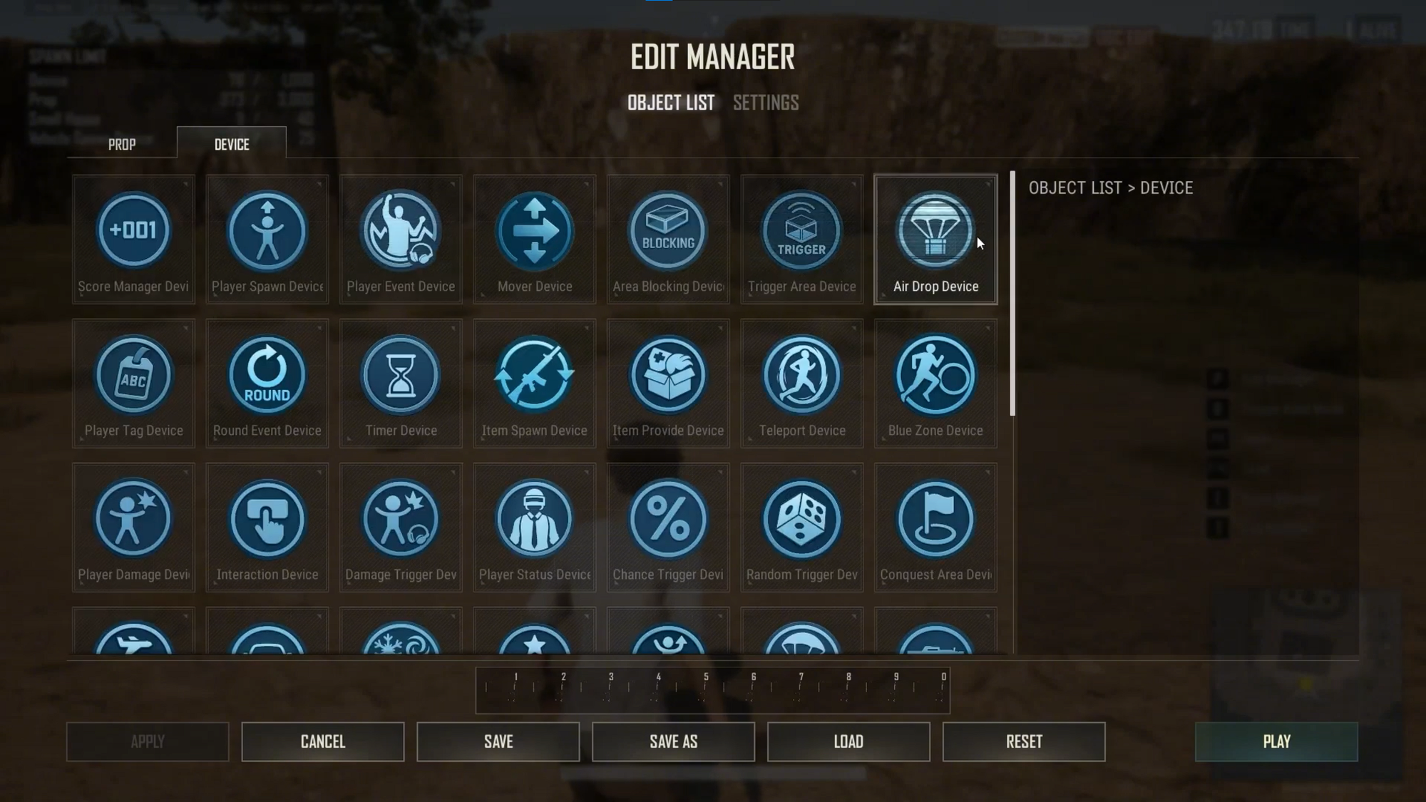 PUBG Edit Manager device selection menu highlighting Air Drop Device icon.