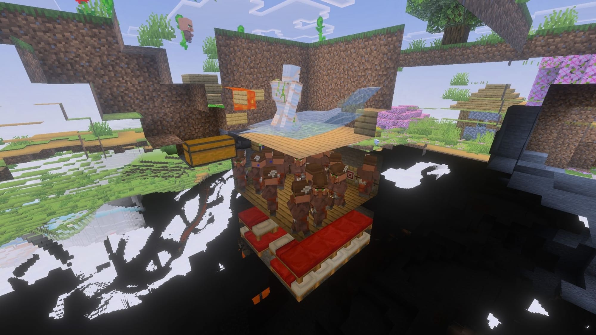 A Minecraft screenshot of the many layers of an iron golem farm, seen from inside the earth.