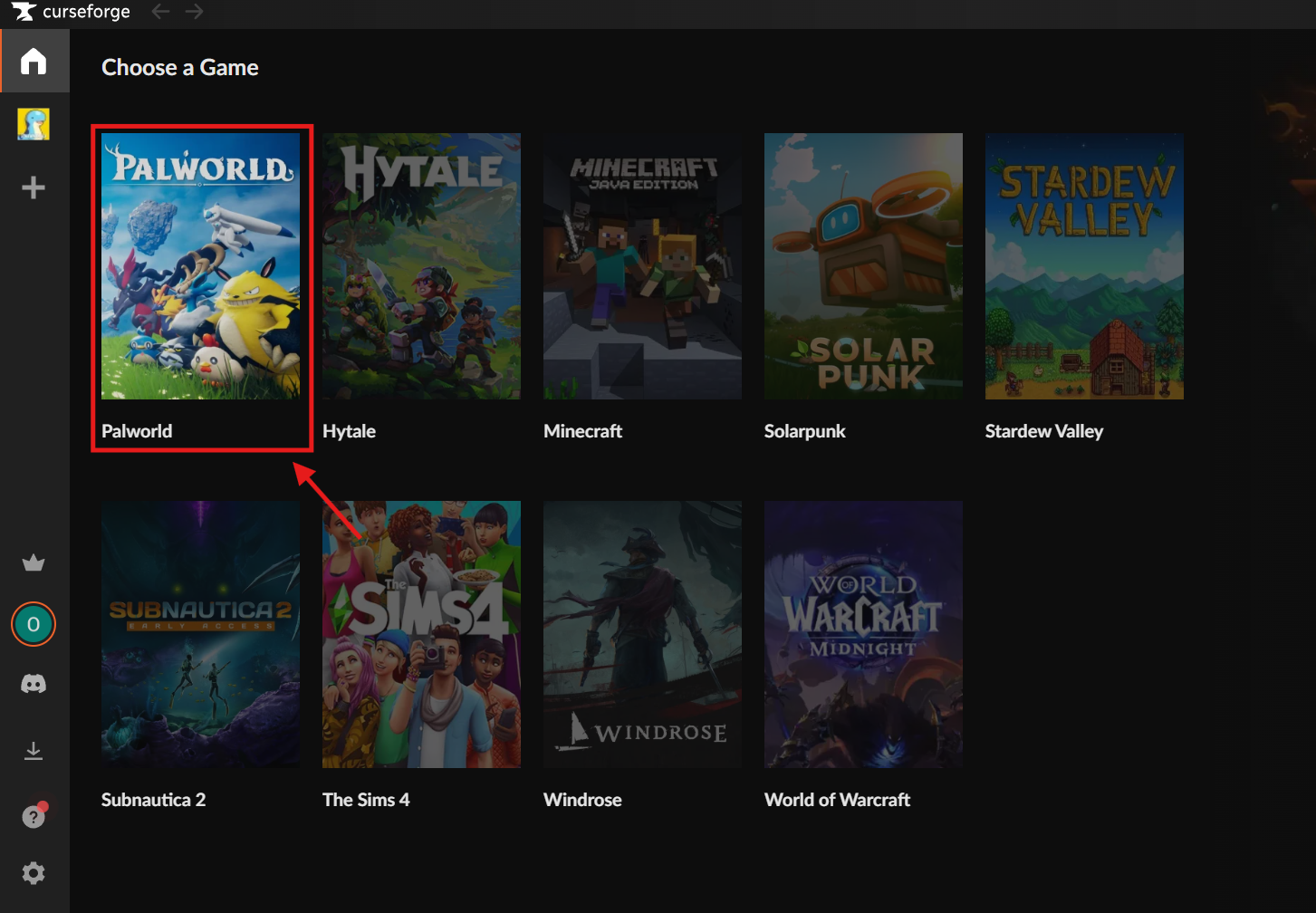 CurseForge game selection screen with Palworld highlighted.