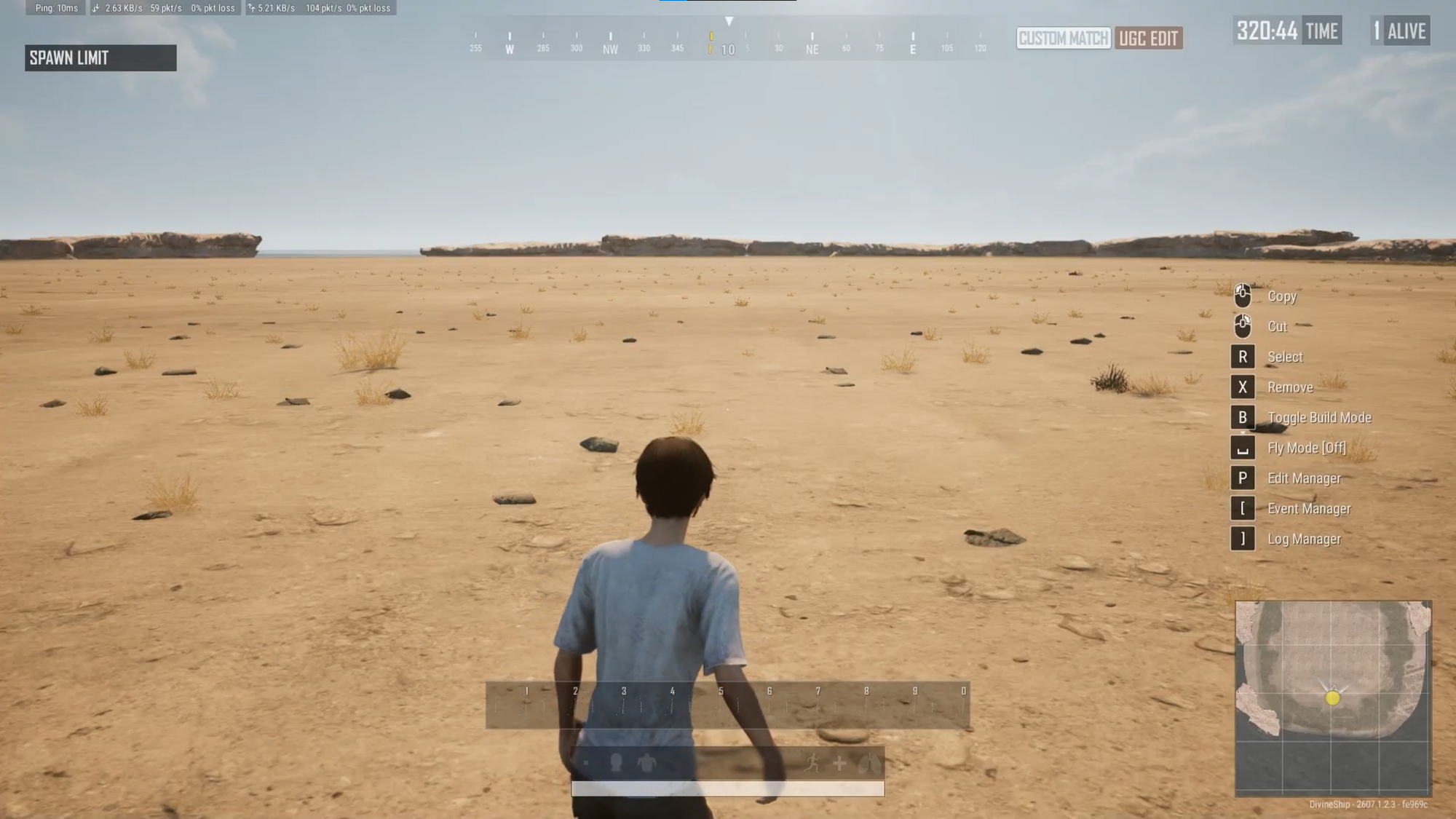 PUBG UGC Edit mode third-person perspective on open desert map canvas.
