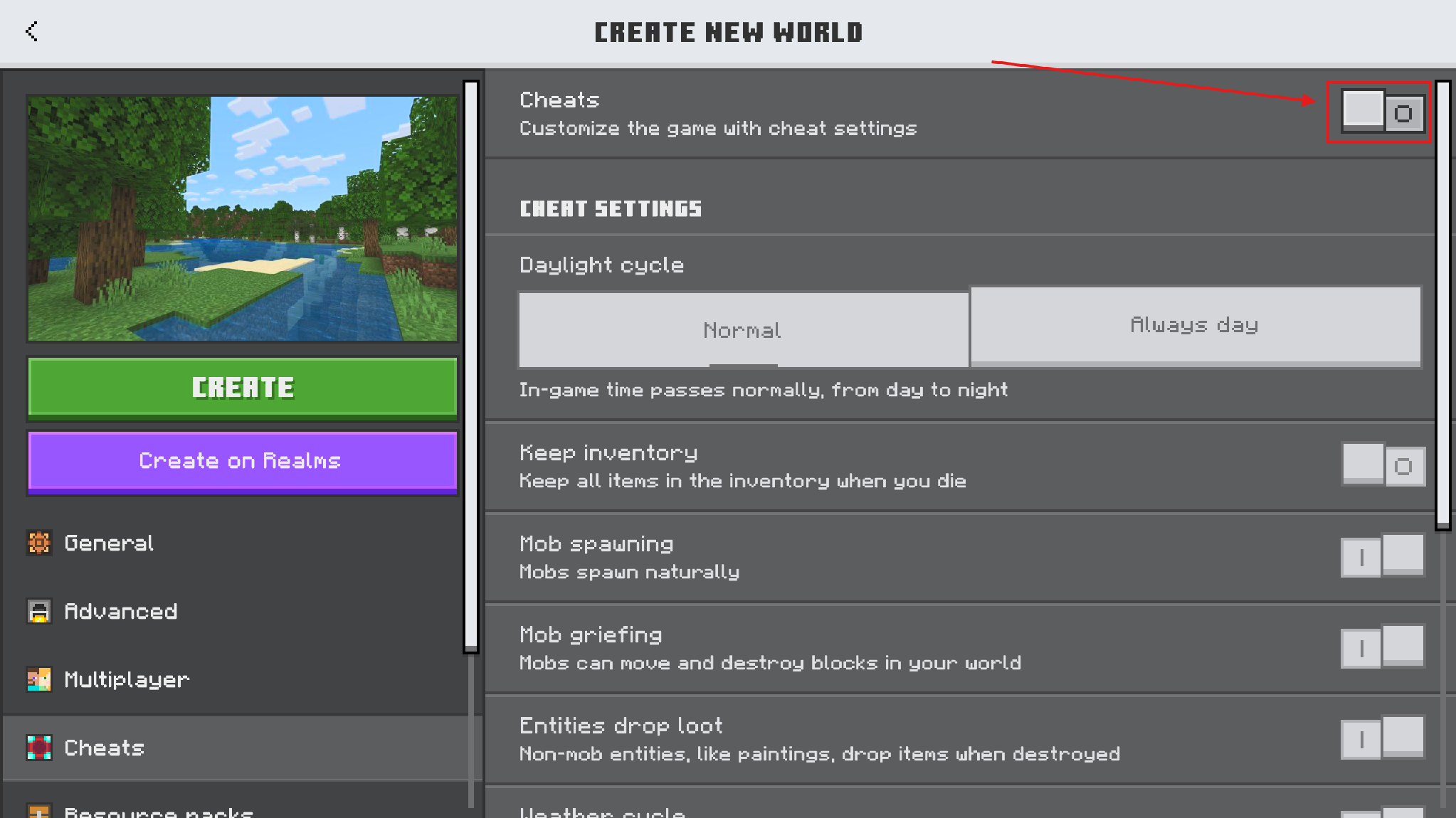 Cheats toggle on the Minecraft Bedrock Create New World screen.