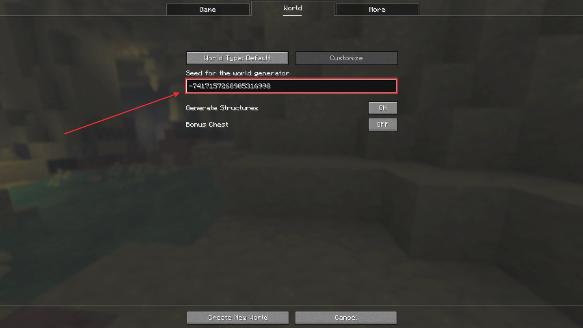 World creation screen with the "Seed for the world generator" field highlighted, showing an example seed entered.