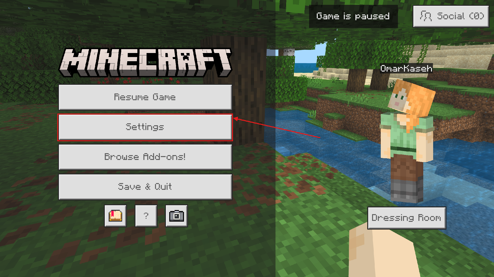 Minecraft Bedrock pause menu with Settings highlighted.
