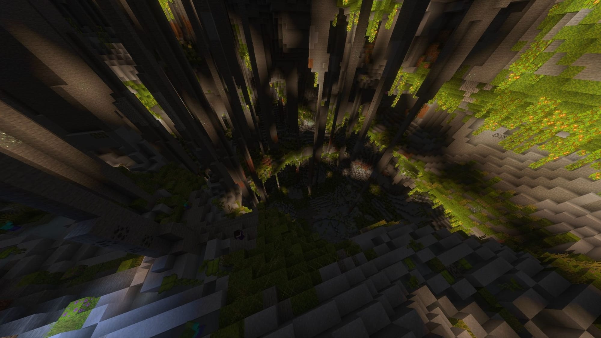 A Minecraft screenshot of a massive underground cave system.