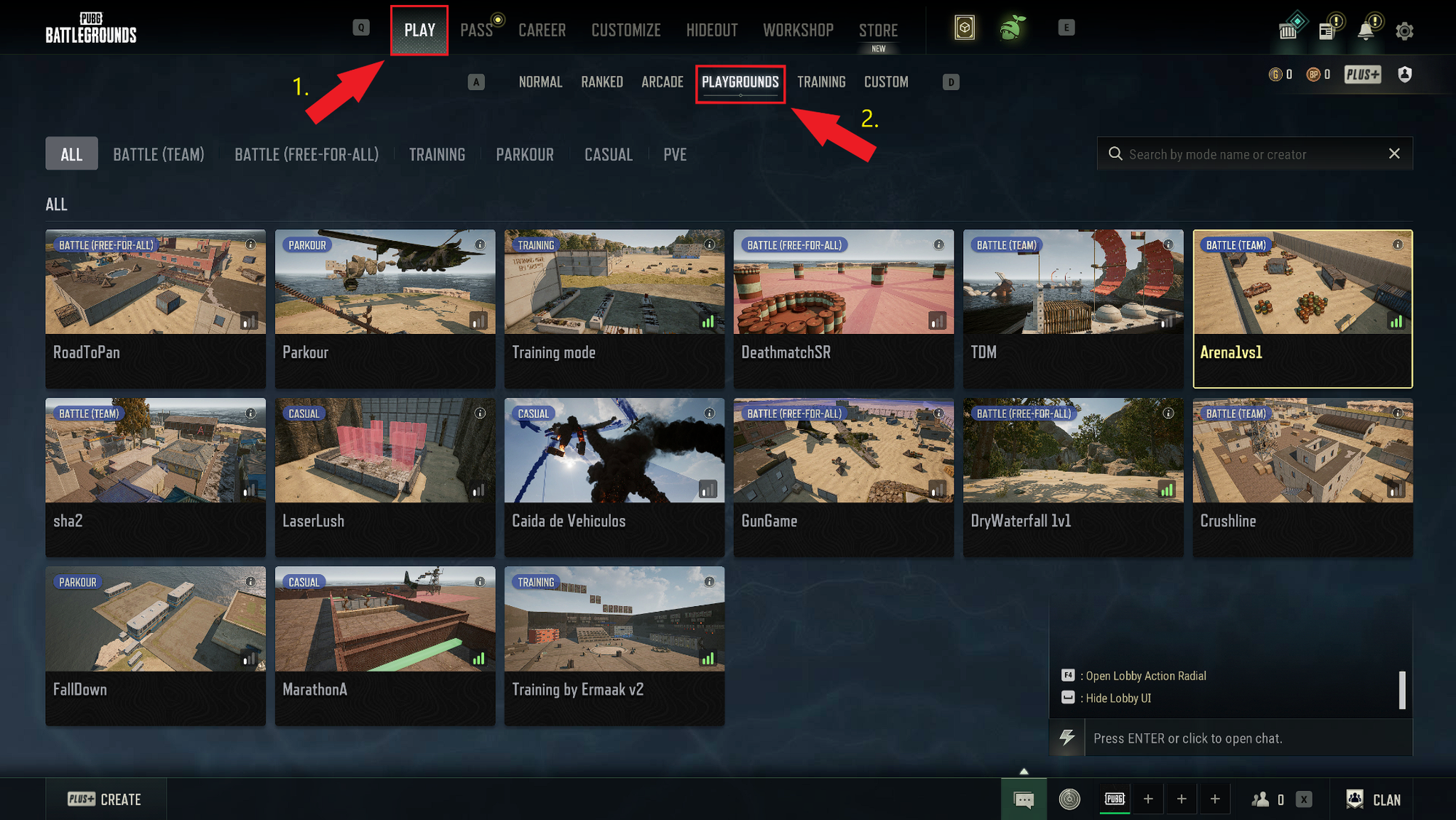 PUBG main menu showing "Play" tab and "Playgrounds" sub-tab highlighted.