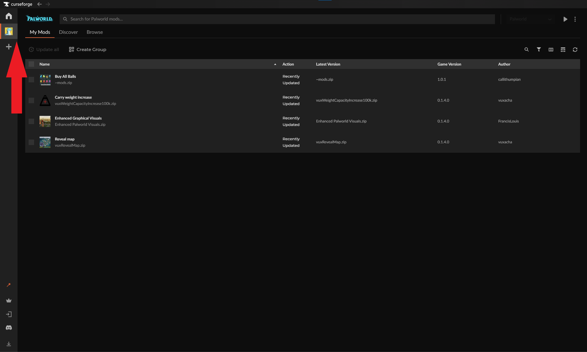 CurseForge app interface showing the Palworld game icon and installed mods list.