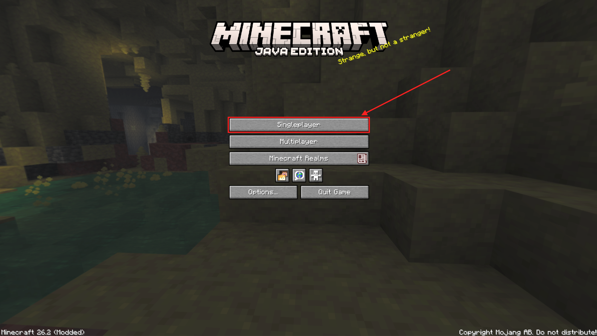 Minecraft main menu with the "Singleplayer" button highlighted.